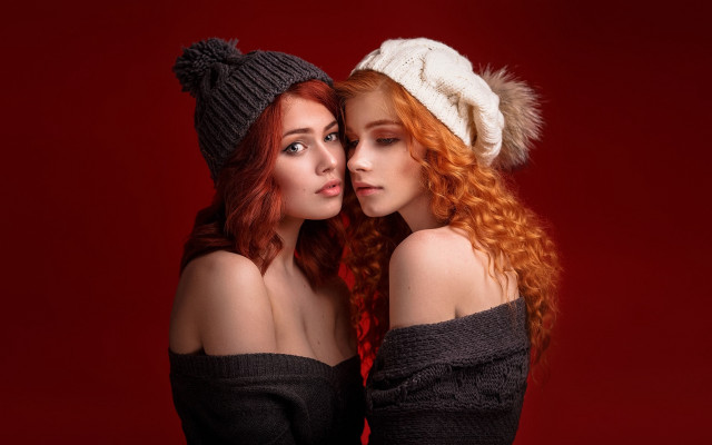 Winter hats two young women free wallpaper for desktop - medium preview image
