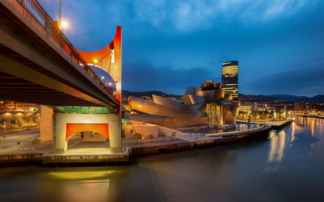 Bridge cityscape night lit mountains free wallpaper for desktop - medium preview image