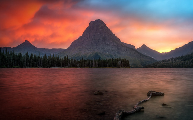 Mountain lake trees sunset mystical free wallpaper for desktop - medium preview image