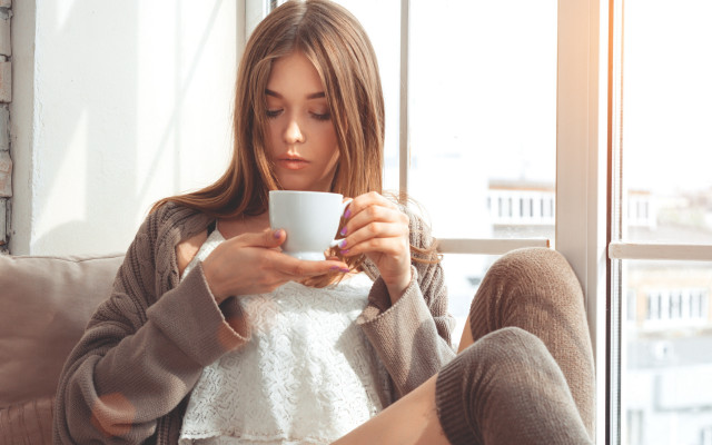 Woman coffee phone window pale free wallpaper for desktop - medium preview image