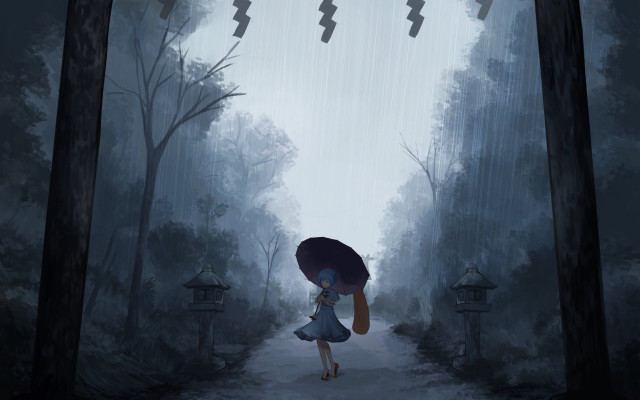 Girl umbrella woods rain birds free wallpaper for desktop - medium preview image