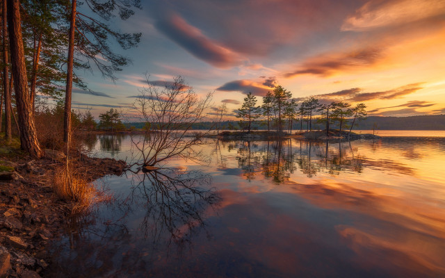 Lake trees sunset clouds magic free wallpaper for desktop - medium preview image