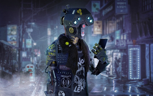 Cyberpunk man neon city android free wallpaper for desktop - medium preview image
