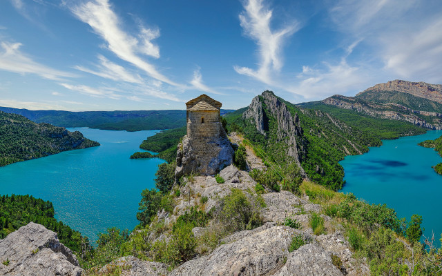 Small tower mountain lake sky free wallpaper for desktop - medium preview image