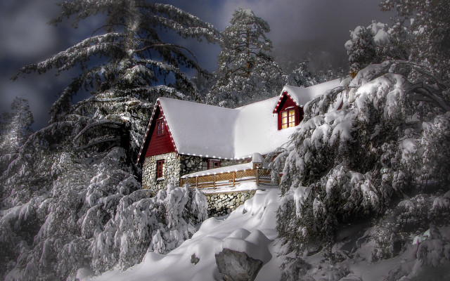 Snowy house forest shrine torii free wallpaper for desktop - medium preview image