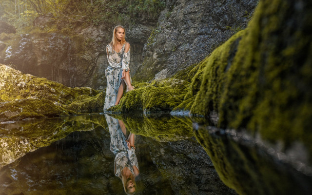 Woman rock water mossy wall free wallpaper for desktop - medium preview image