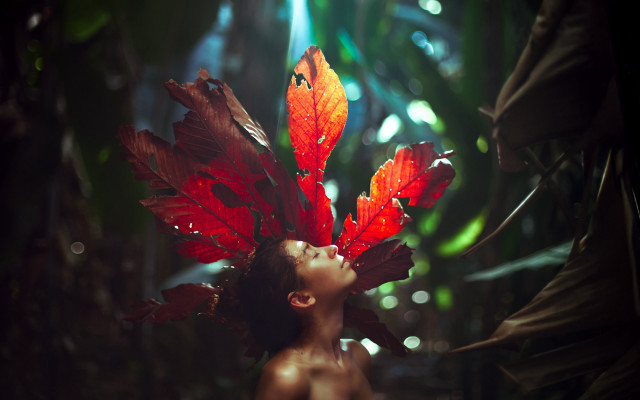 Woman leaf headpiece looking up free wallpaper for desktop - medium preview image