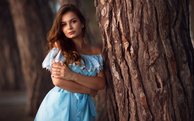 Woman blue dress forest portrait free wallpaper for desktop - medium preview image