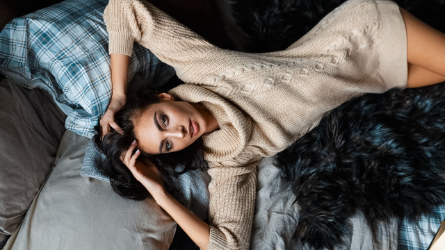 Woman lying bed pillow blanket free wallpaper for desktop - medium preview image