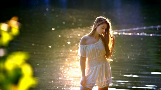 Woman water white dress bokeh free wallpaper for desktop - medium preview image