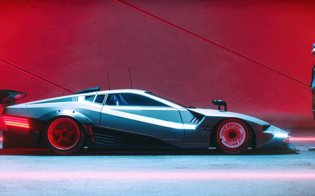 Futuristic man car red background free wallpaper for desktop - medium preview image