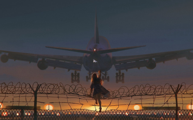 Woman fence airplane night city free wallpaper for desktop - medium preview image