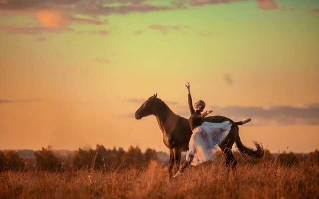 Woman horse field sunset dusk free wallpaper for desktop - medium preview image