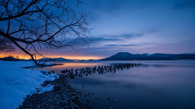 Lake rocks tree mountain evening free wallpaper for desktop - medium preview image