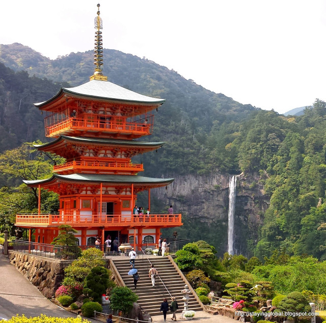 Tall red pagoda waterfall people free wallpaper for tablet - medium preview image