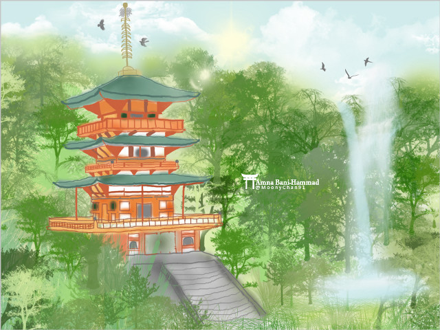 Pagoda forest waterfall birds painting free wallpaper for desktop - medium preview image