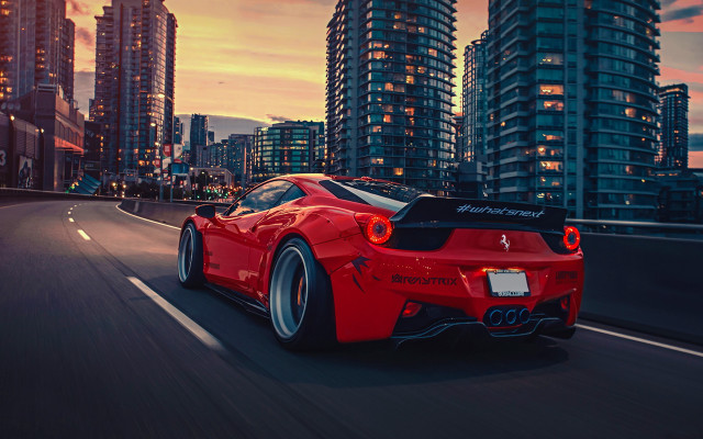 Red sports car city sunset #4 free wallpaper for desktop - medium preview image