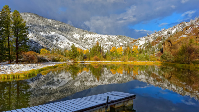 Snowy mountain lake boat dock free wallpaper for desktop - medium preview image