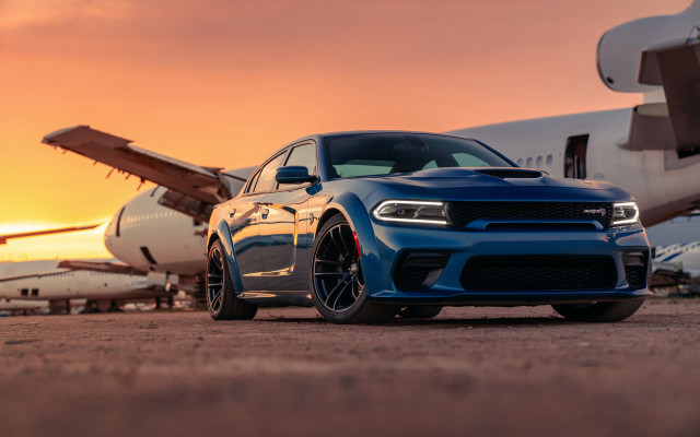 Blue dodge charger plane sunset free wallpaper for desktop - medium preview image