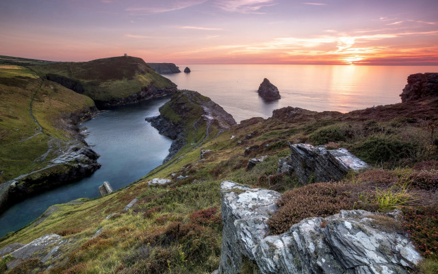 Sunset rocky coastline water forest free wallpaper for desktop - medium preview image