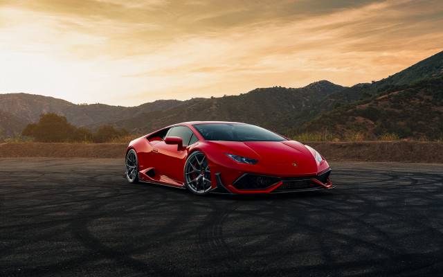 Red sports car mountains sunset free wallpaper for desktop - medium preview image