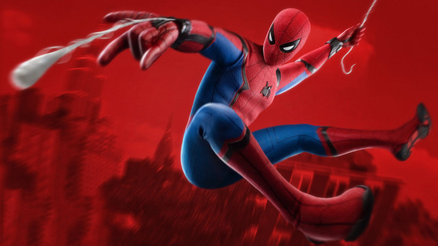 Spiderman flying cityscape red background free wallpaper for desktop - medium preview image