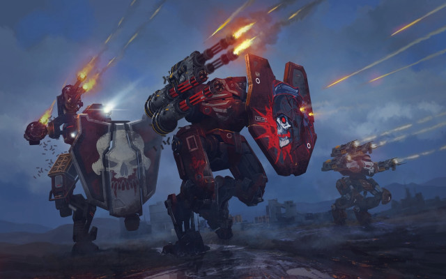 Robots warhammer mecha explosion sunset free wallpaper for desktop - medium preview image