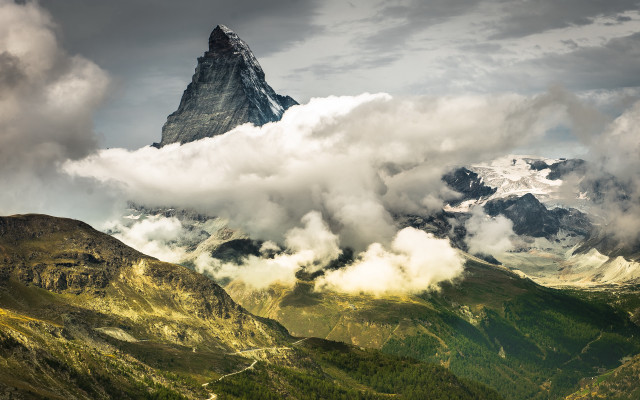 Mountain peak clouds valley trees free wallpaper for desktop - medium preview image