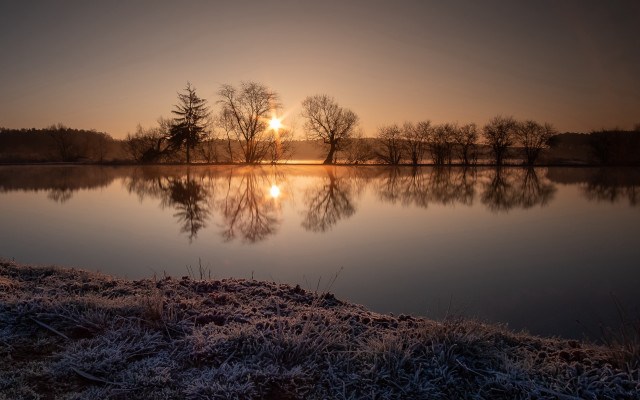 Lake sunset trees field reflective free wallpaper for desktop - medium preview image