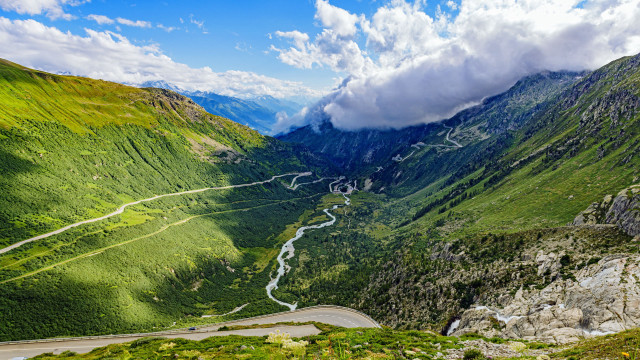 Mountain road river valley landscape free wallpaper for desktop - medium preview image