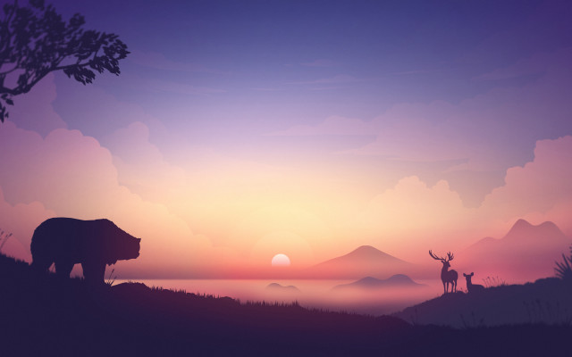 Silhouetted bear deer sunset mountains free wallpaper for desktop - medium preview image
