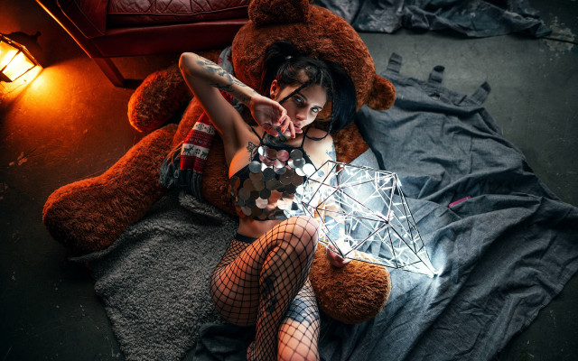 Woman fishnet teddy bear crystal free wallpaper for desktop - medium preview image