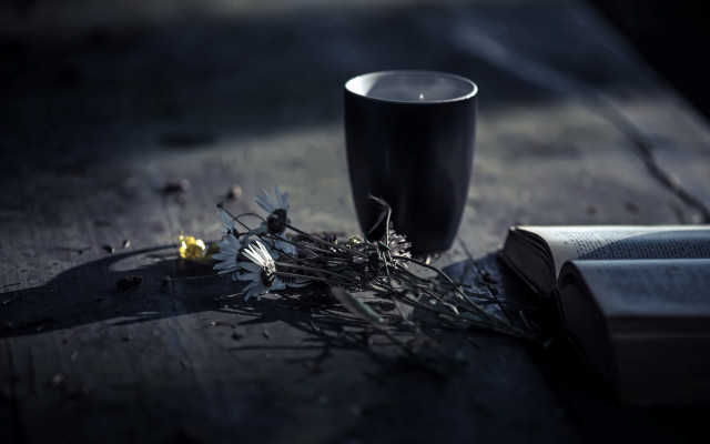 Coffee book flowers stilllife cinematic free wallpaper for desktop - medium preview image
