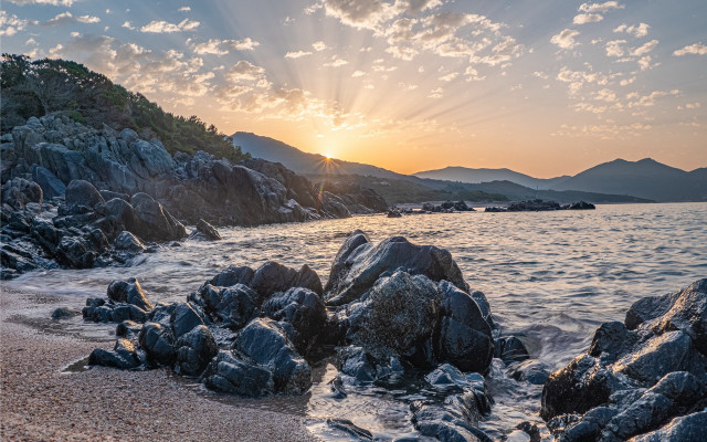 Beach rocks water sunset clouds #4 free wallpaper for desktop - medium preview image