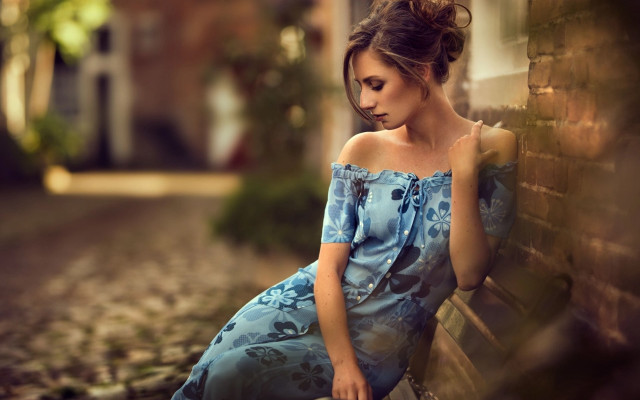 Woman bench blue dress cellphone free wallpaper for desktop - medium preview image