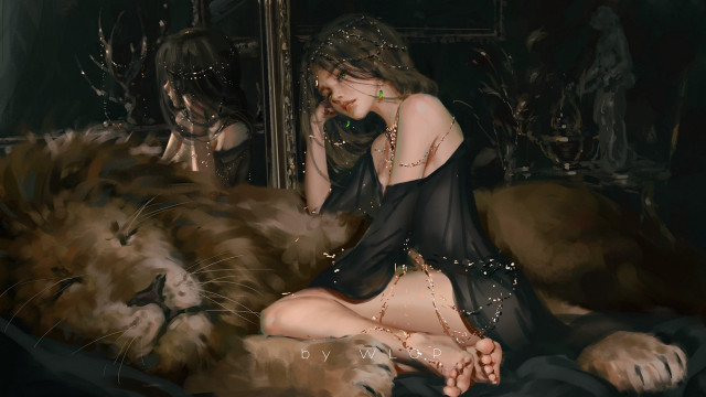 Woman lion mirror fantasy detailed free wallpaper for desktop - medium preview image