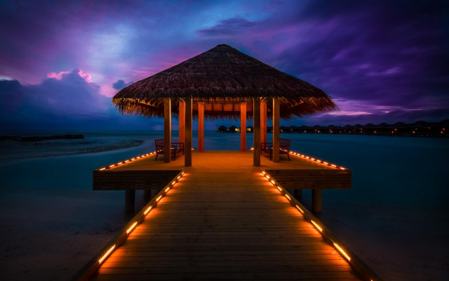 Pier lit gazebo night purple free wallpaper for desktop - medium preview image