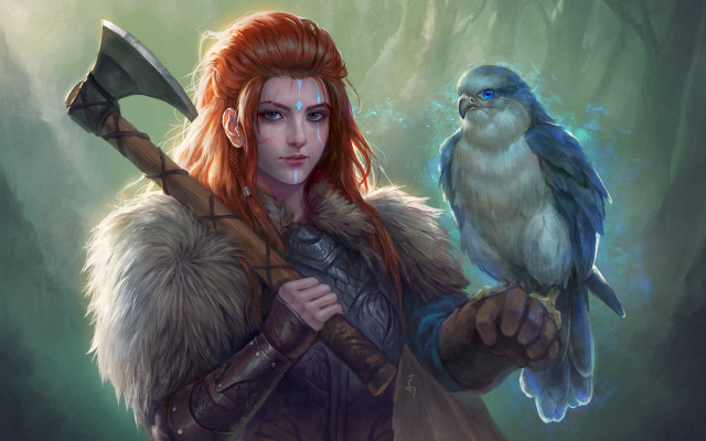 Woman bird hammer forest fantasy free wallpaper for desktop - medium preview image