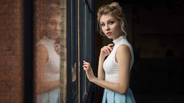 Woman white dress looking window free wallpaper for desktop - medium preview image