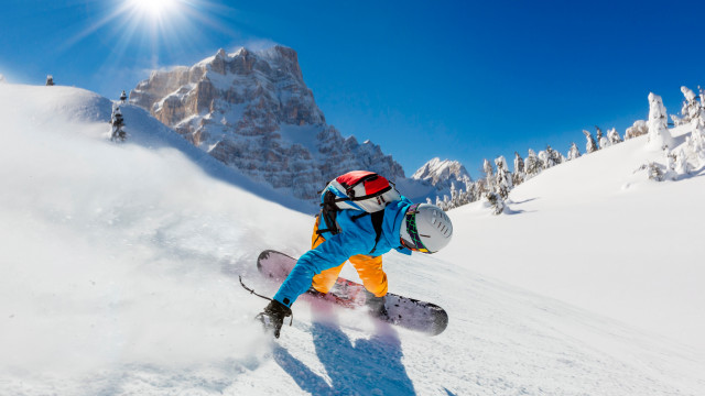 Snowboard rider mountains sunny scenery free wallpaper for desktop - medium preview image