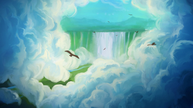 Waterfall birds flying clouds mountain free wallpaper for desktop - medium preview image