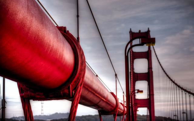 Red pipe bridge mountains cloudy free wallpaper for desktop - medium preview image