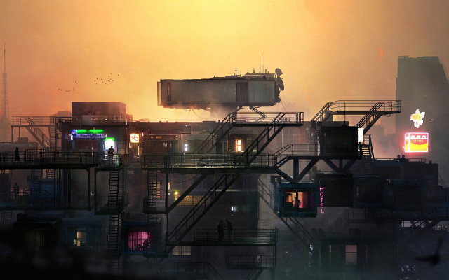 City smoke platform cyberpunk sunset free wallpaper for desktop - medium preview image