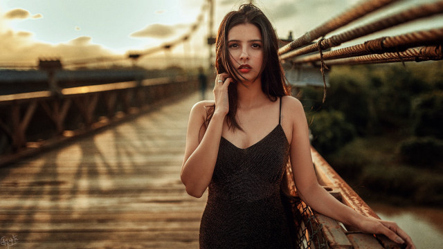 Woman black dress bridge portrait free wallpaper for desktop - medium preview image