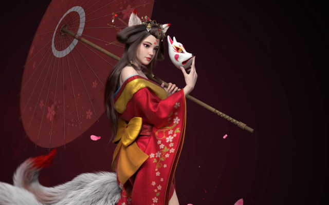 Woman red yellow dress umbrella free wallpaper for desktop - medium preview image