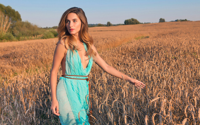 Woman blue dress wheat field free wallpaper for desktop - medium preview image