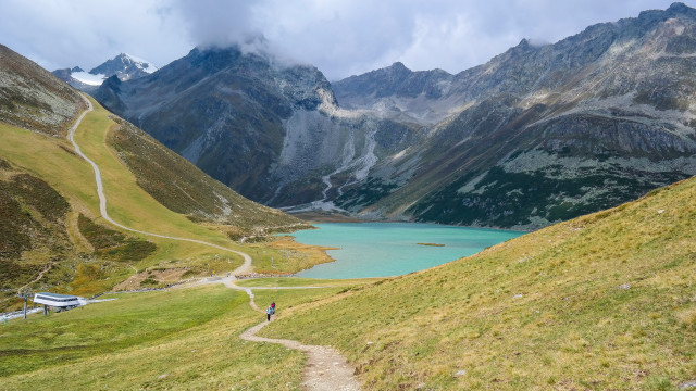Mountain lake trail cloudy sky free wallpaper for desktop - medium preview image