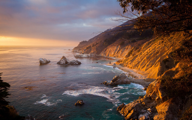 Rocky coastline sunset waves autumn free wallpaper for desktop - medium preview image