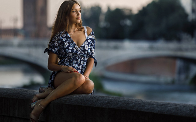 Woman river bridge city skyline free wallpaper for desktop - medium preview image