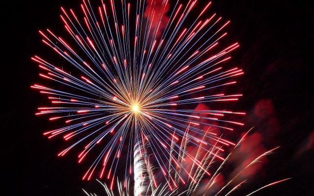 Fireworks clocktower redwhite explosions night free wallpaper for desktop - medium preview image